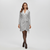 Damen Pailletten Wickelkleid Mini Elegant in Silber