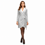 Damen Pailletten Wickelkleid Mini mit Schalkragen und Bindegürtel in Silber