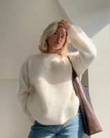 Damen Pullover mit Rundhalsausschnitt und gerippten Bündchen in Cremefarben