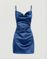 Damen Satin-Minikleid mit Wasserfallausschnitt in Blau