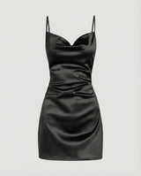 Damen Satin-Minikleid mit Wasserfallausschnitt in Schwarz