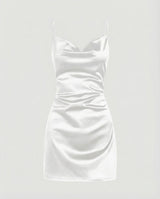 Damen Satin-Minikleid mit Wasserfallausschnitt in Weiß