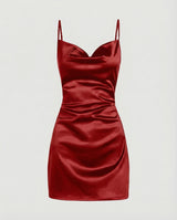 Damen Satin-Minikleid mit Wasserfallausschnitt in Rot