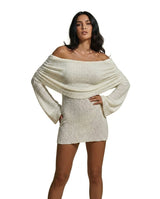 Damen Schulterfreies Minikleid mit langen Ärmeln und drapiertem Ausschnitt in Weiß