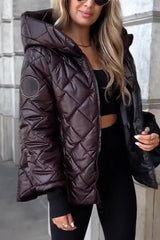 Hannah | Damen Steppjacke mit Kapuze Reißverschluss Oversized Winterjacke in Braun