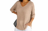 Damen Strickpullover mit V-Ausschnitt und kurzen Ärmeln in Beige