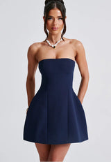 Damen Trägerloses Minikleid mit Paneelnähten und Ausgestelltem Rock in Marineblau