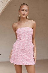 Damen Trägerloses Minikleid mit Rosettenapplikationen am gesamten Kleid in Rosa