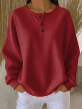 Marlene | Damen Waffelstrick Knit Sweater Langarm Henley Pullover in Rot