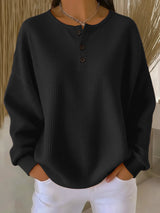 Marlene | Damen Waffelstrick Knit Sweater Langarm Henley Pullover in Schwarz