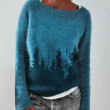 Katharina | Damen Winterpullover nordischem Muster Rundhals Weihnachtsstrickpullover in Blau