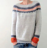 Katharina | Damen Winterpullover nordischem Muster Rundhals Weihnachtsstrickpullover in Hellgrau