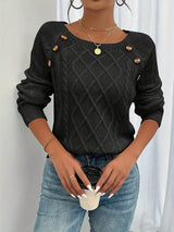 Elfriede | Damen Zopfmuster Knit Sweater Rundhals Raglanärmel Acryl Pullover in Schwarz