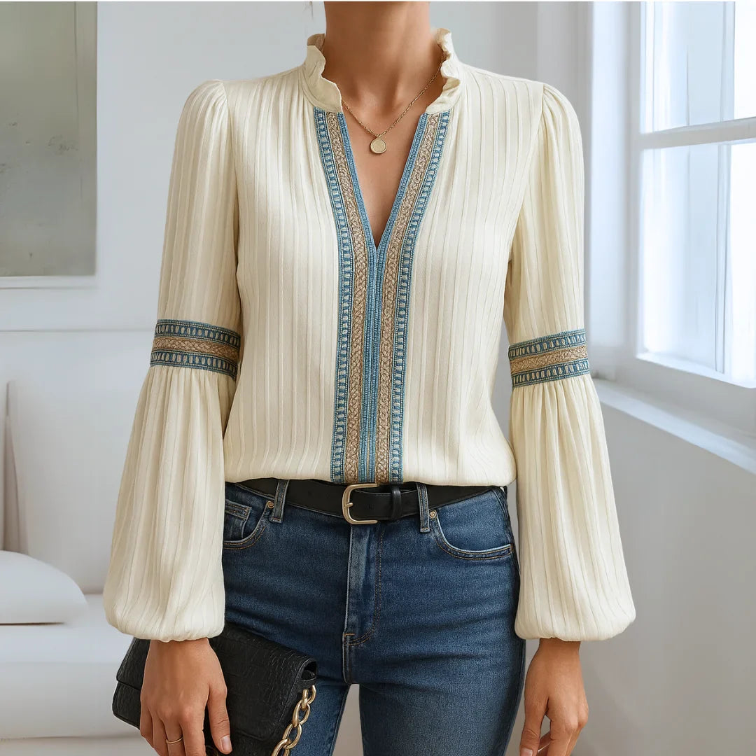 Damenbluse mit V-Ausschnitt und Spitzenakzenten