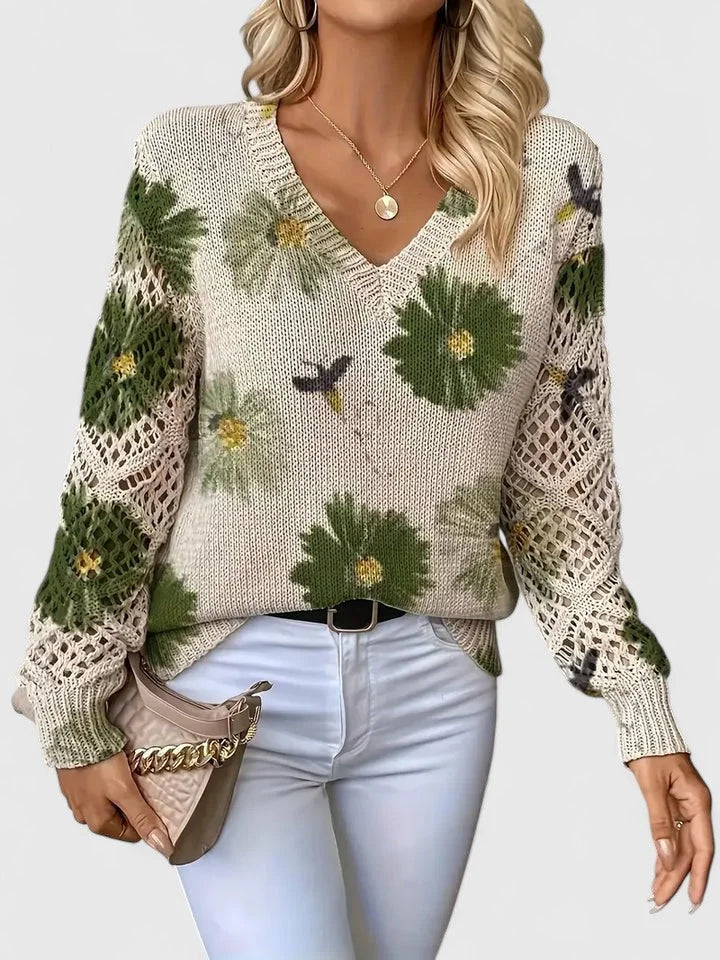 Damenpullover mit Floralmuster und V-Ausschnitt
