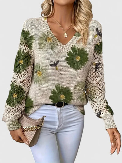 Damenpullover mit Floralmuster und V-Ausschnitt