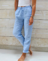 Leinenhose mit elastischem Bund und Kordelzug für Damen - Helga in Blau