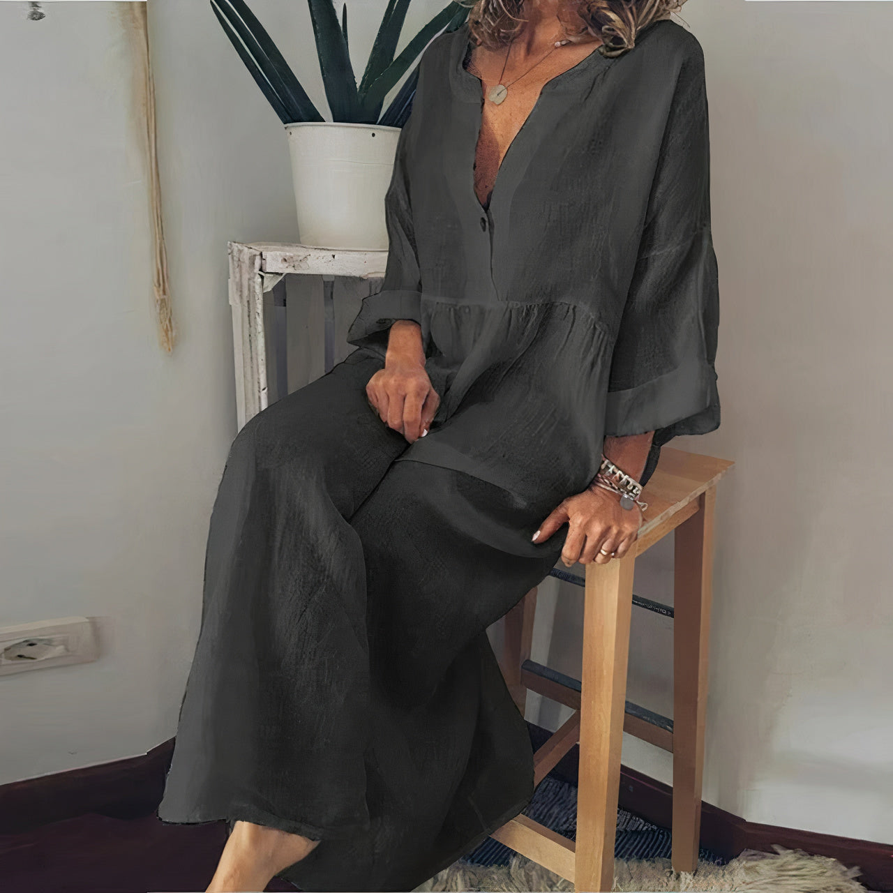 Wioletta - Leinenblusenkleid Damen Elegant