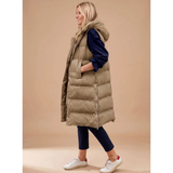 Doreen | Damen Lange Steppweste mit Kapuze in Khaki