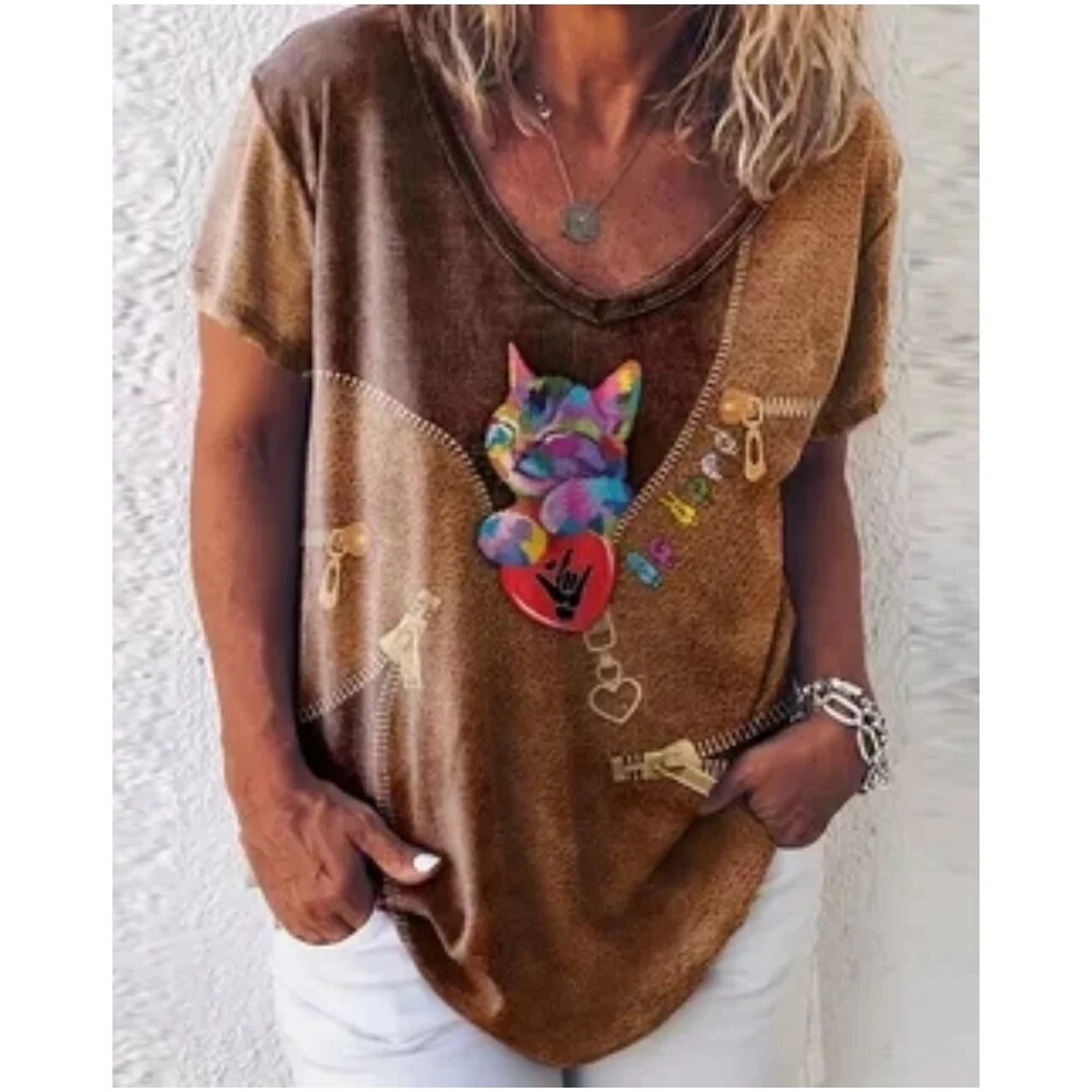 Damen-T-Shirt mit V-Ausschnitt und lockerer Passform Katzen-Grafik