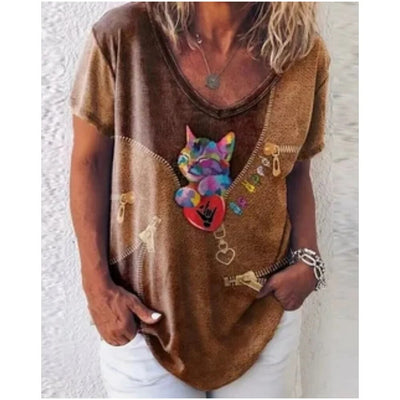 Damen-T-Shirt mit V-Ausschnitt und lockerer Passform Katzen-Grafik
