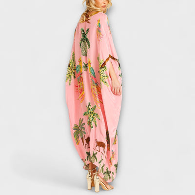 Linda - Elegantes Kleid mit asymmetrischen Schultern und Kokosnussbaum-Muster