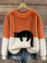 Aiste - Lässiger Pullover Mit Katzenmotiv in Orange