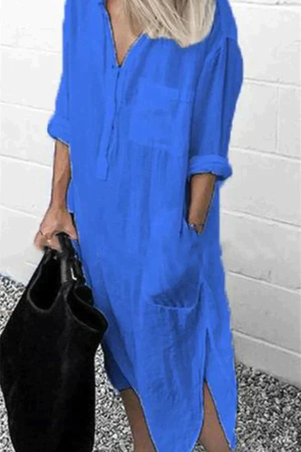 Nancy - Elegantes einfarbiges Hemdkleid mit Schlitz