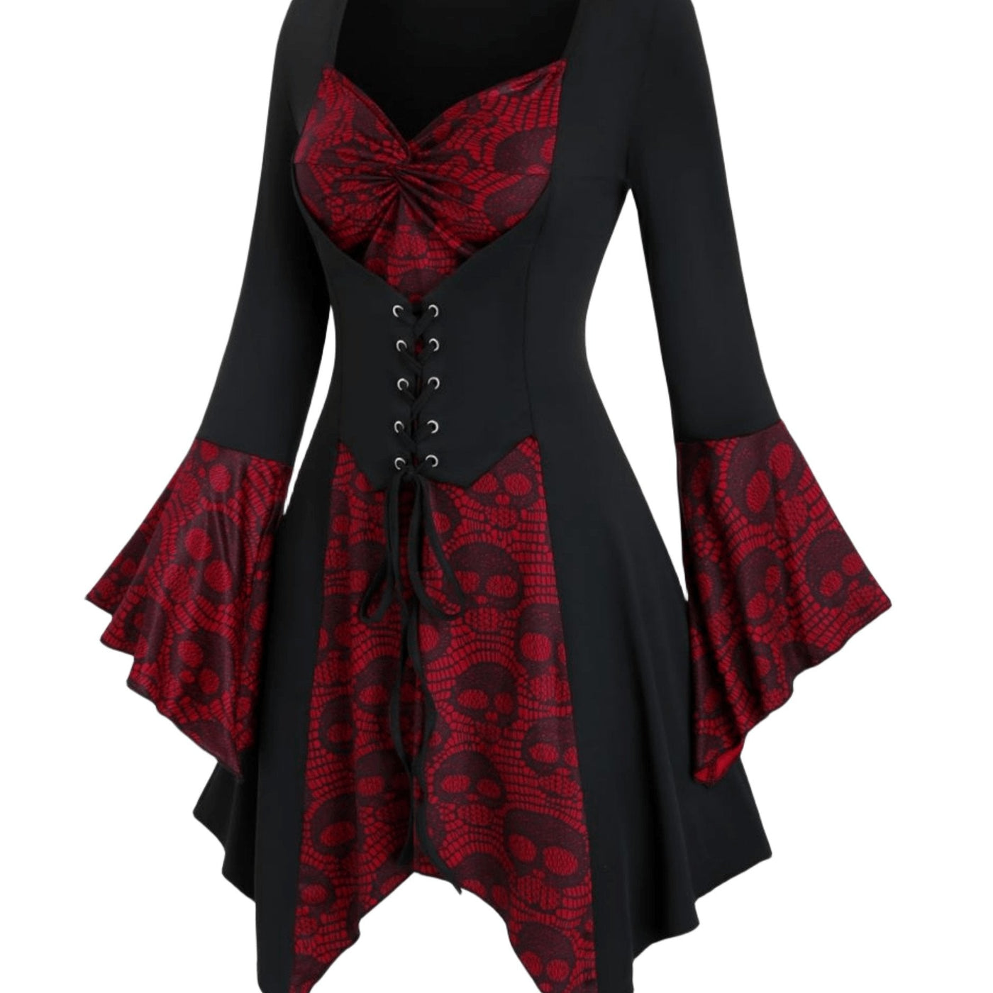 Damen Gothic Halloween-Kleid mit Spitze | Midi-Länge und Trompetenärmeln