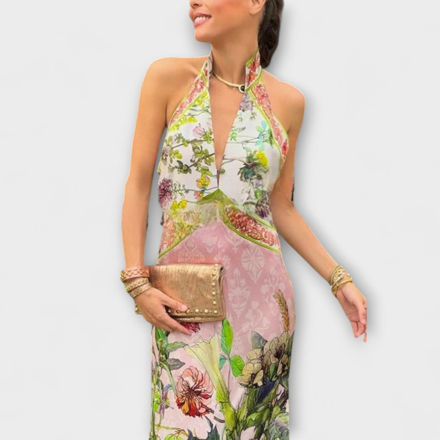 Ayla - Floral Bedrucktes Ärmelloses Maxikleid mit Offenem Rücken