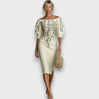 Florisse – Besticktes Midi-Kleid mit Carmen-Ausschnitt