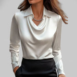 Lena | Elegante Satin-Wasserfallbluse für Damen Langarm V-Ausschnitt in Weiß