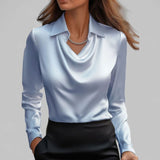 Lena | Elegante Satin-Wasserfallbluse für Damen Langarm V-Ausschnitt in Blau