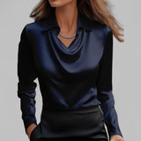 Lena | Elegante Satin-Wasserfallbluse für Damen Langarm V-Ausschnitt in Marineblau