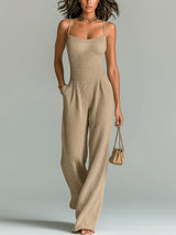 ElevenOra Stilvolles Kamel Strappy Ärmelloses Tailliertes Weites Bein Geripptes Strick-Jumpsuit in Kamel