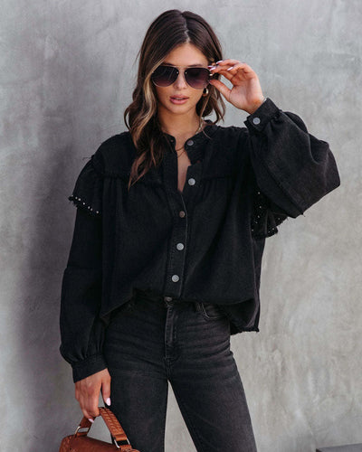 Bridget - Denim-Bluse mit Perlen und Rüschenärmeln