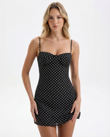 Aria Damen Tupfen Minikleid mit Halsausschnitt und Rüschensaum in Schwarz