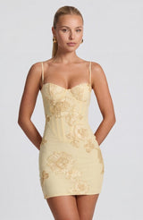 Figurbetontes Corset Mini Kleid Mit Floralen Applikationen in Gelb