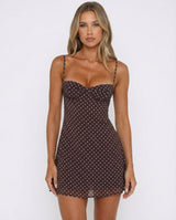 Figurbetontes Party Mini Kleid Mit Punkte Muster in Braun
