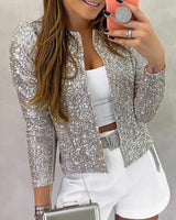 Frieda | Damen Glitzernde Offene Winterjacke in Silber