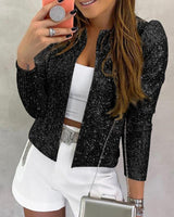 Frieda | Damen Glitzernde Offene Winterjacke in Schwarz