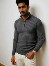 Halber Reißverschluss Strickpullover Herren in Grau
