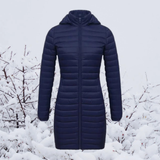 Hannelore | Damen Winterjacke mit Kapuze, Langer Schnitt und Reißverschluss in Marine