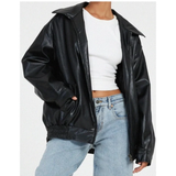 Heidi | Oversized Kunstlederjacke mit Reißverschluss in Schwarz