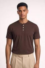 Henley T-Shirt Herren Kurzarm Basic in Braun