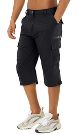Herren 3/4 Cargo-Shorts mit Reißverschlusstaschen und Gürtelschlaufen in Schwarz