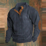 Alexander | Herren Gerippter Strickpullover Knopfleiste am Kragen Wildleder-Ellbogenpatch in Marineblau