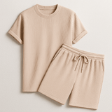 Herren Geripptes Set Mit Kurzarm Shirt Und Shorts in Beige