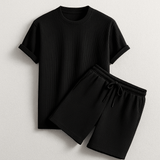 Herren Geripptes Set Mit Kurzarm Shirt Und Shorts in Schwarz