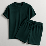 Herren Geripptes Set Mit Kurzarm Shirt Und Shorts in Grün